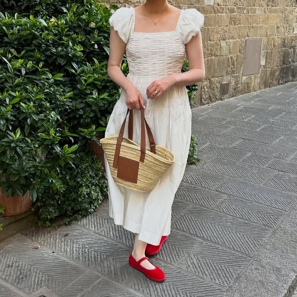 Doen Katherina Cotton Smocked Shirred Short Sleeve Midi Maxi Dress Salt White